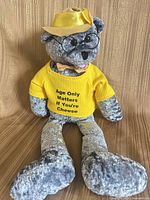 Front view of grey plush bear wearing yellow sweater "Age Only Matters If You’re Cheese," yellow hat, glasses, bow tie