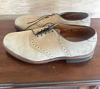 Left and right side view of both shoes showing suede uppers, broguing, and rubber soles