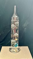 Full view of glass Galileo thermometer on base