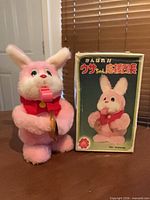 Front view of plush rabbit beside original box