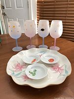 Full lot view: 4 frosted stem glasses, floral platter, 3 sauce dishes