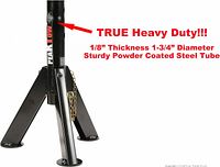 Marketing image of assembled PeakTow jack stand showing steel legs, brand label and chain