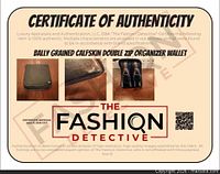 Certificate of Authenticity showing Bally grained calfskin double zip organizer wallet