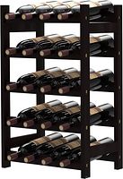 Rendered image of assembled dark brown bamboo 5-tier wine rack holding bottles