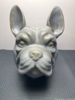 Front view of ceramic French Bulldog head planter showing facial details and gold accents