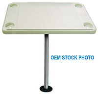 Stock photo showing assembled ivory table top, stainless pedestal leg, floor mount