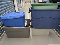 Front view of stacked totes showing colors and sizes
