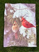 Flag with two cardinals on snowy pine