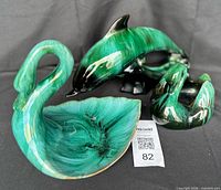 Group view of all three green glazed pottery pieces