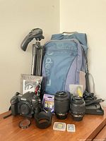Overall kit including camera, lenses, tripod, bag and accessories