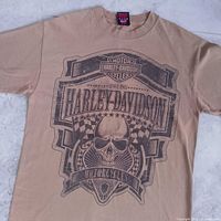 Front view of brown Harley-Davidson skull graphic T-shirt