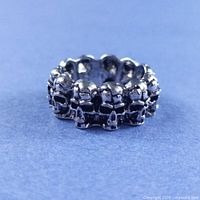 Angled view of skull motif ring showing continuous design