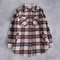 Full front view of Roots wool blend plaid shacket showing overall pattern, pockets and buttons