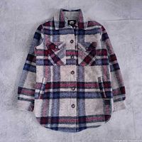 Full front view of Roots plaid wool shacket