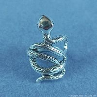 Front view of silver snake ring showing head and coiled design