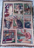 Full view of woven cat tapestry throw showing overall design and fringe