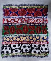 Full view of woven sports motif throw showing overall design and fringe