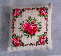 Full front view of square Vervaco rose cross-stitch cushion