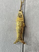 Full view of fish pendant hanging from chain