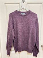 Front view of purple Le Tigre crew neck sweater on hanger