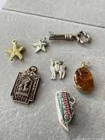 All seven assorted charms and pendants laid on grey background
