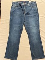 Full front view of NYDJ mini bootcut jeans showing color, style and overall condition