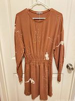 Front view of rust terracotta long-sleeve mini dress on hanger
