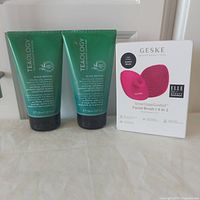 Two Teaology cleanser tubes and boxed Geske facial brush