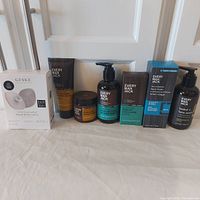 Group shot of all seven skincare and beard-care items on shelf