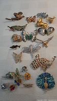 Full group shot of all brooches laid out on cloth