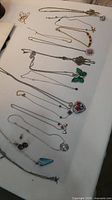 Overview of eleven necklaces and two pairs of earrings laid out on white surface