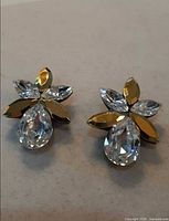 Front view of both clip-on earrings showing gold-tone and clear crystals