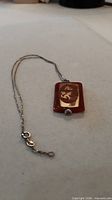 Pendant necklace laid flat showing Lucite pendant front with dragon character and sterling chain