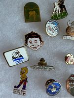 Overview showing multiple enamel travel pins on foam