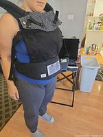 Carrier worn on model showing overall front view, straps, waist belt