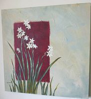 Full view of square acrylic painting showing flowers and signature