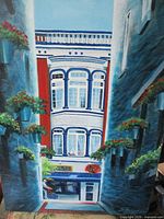 Full view of vertical canvas artwork showing alley scene and building façade