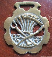 Full view of brass horse brass showing overall shape and motif
