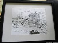 Framed pen and ink artwork showing full piece with mat and frame
