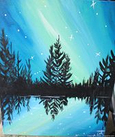 Full view of painting showing aurora sky, treeline silhouette and water reflection