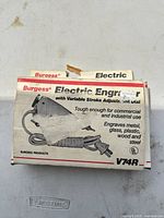 Front of original Burgess Electric Engraver box showing product illustration and model V74R