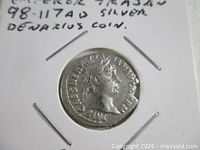 Obverse of silver denarius showing Trajan bust