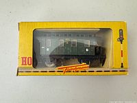 Front view of Fleischmann passenger coach inside yellow window box