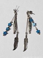Full view of both sterling silver turquoise feather earrings