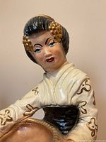 close-up of female ceramic figurine with kimono-style attire