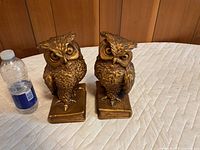 Front view of both bronze-tone metal owl bookends next to water bottle for scale
