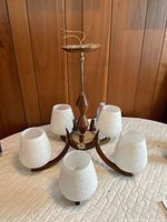 Full view of wooden chandelier with five glass shades on table