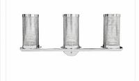 Front view of chrome triple wall light showing three perforated cylindrical shades on horizontal bar