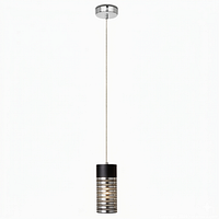 Full view of pendant showing black cylindrical shade with silver bands and chrome canopy