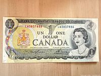 Front of 1973 Canadian $1 bill showing portrait, serial number, signatures